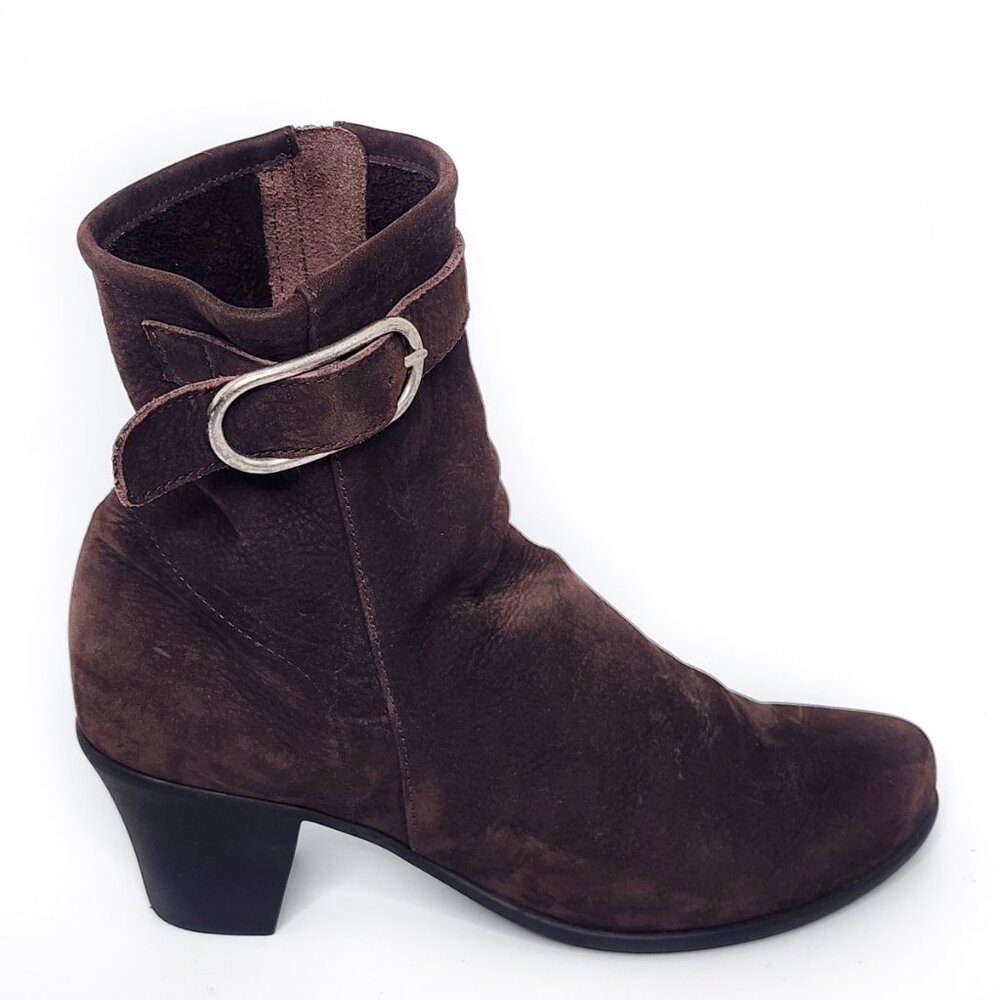 ARCHE Brown Nubuck‎ Leather Ankle Bootie Zip Buckle Detail